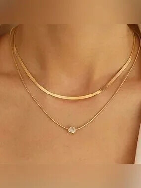 14K Gold Plated 2pc Herringbone CZ Necklace Set